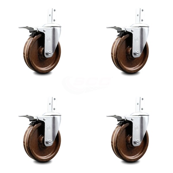 5 Inch High Temp Phenolic 3/4 Inch Square Stem Caster Set Total Lock Brake SCC